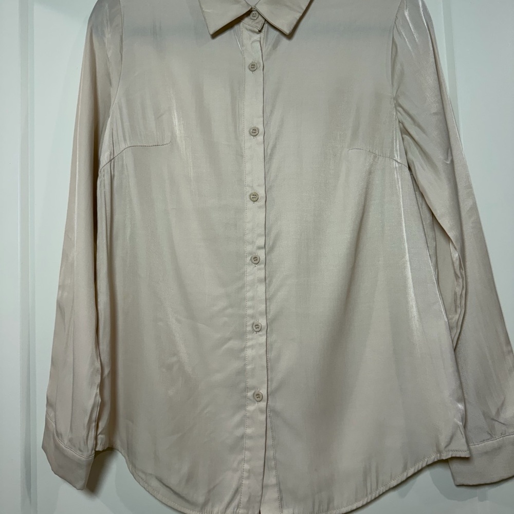 Beige Satin Button-Up Blouse | Long Sleeve Collared Shirt | Small